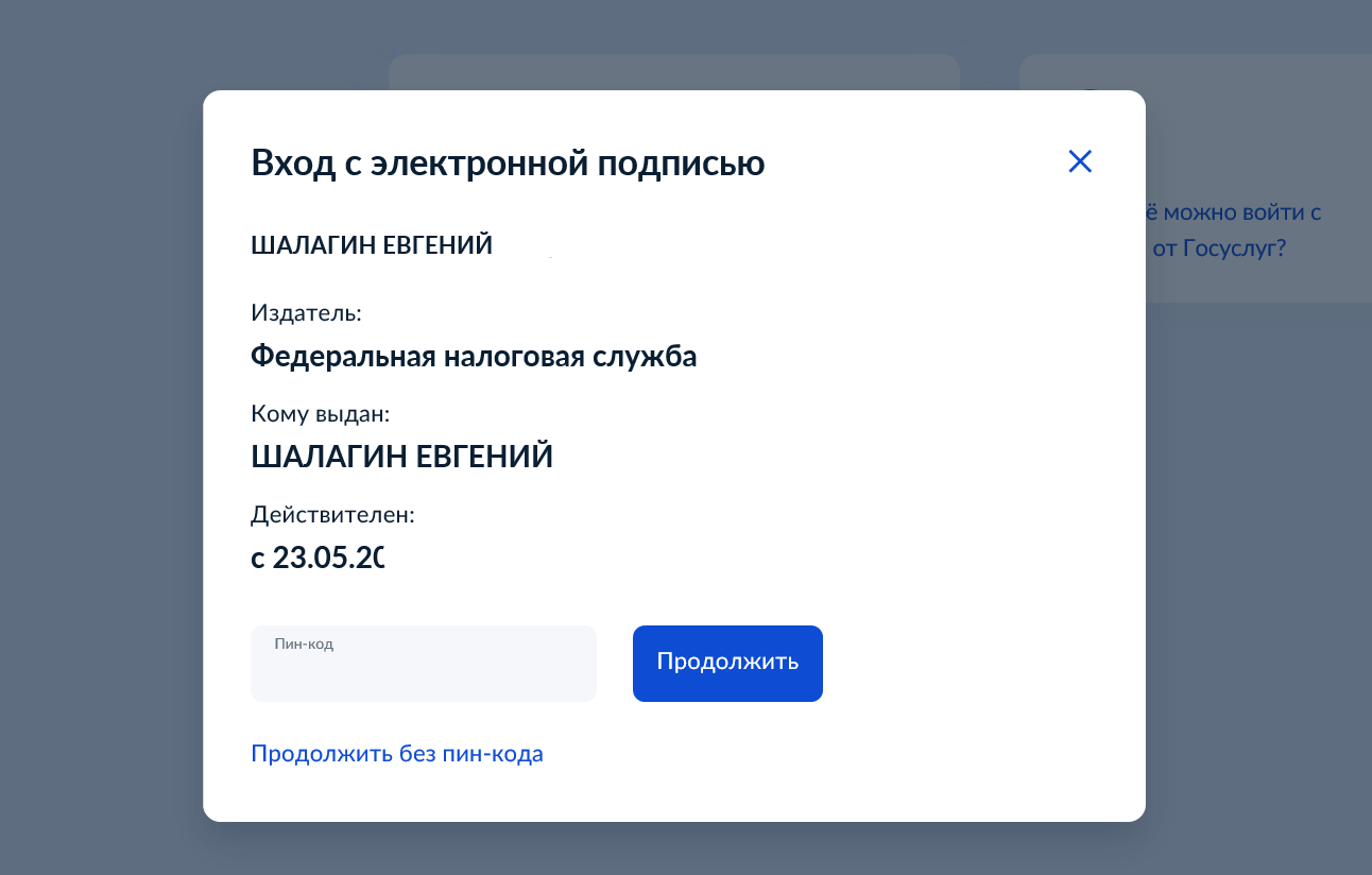 Ввод пароля для ЭЦП на входе в Госуслуги